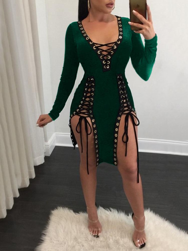 

Sexy Lace Up Irregular Plunged Dress, Green