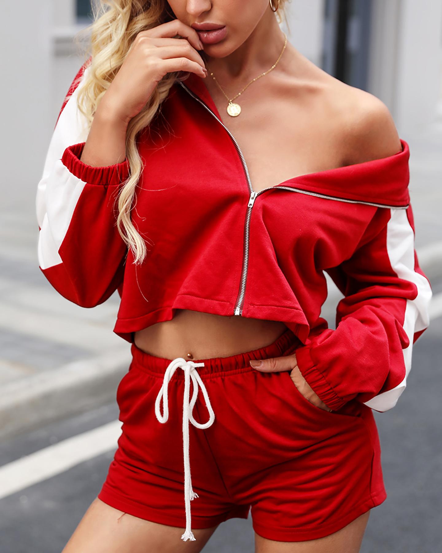 

Contrast Zip Front Hoodie & Shorts, Wine red
