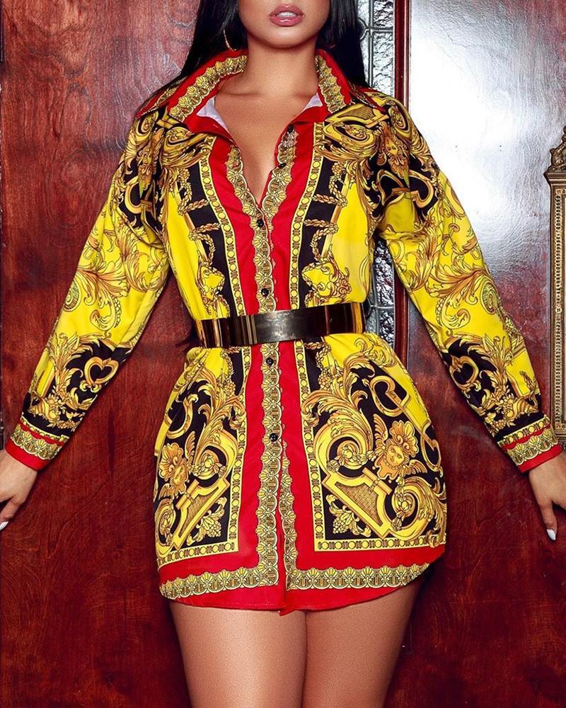 

Mixed Print Long Sleeve Shirt Dress, Yellow