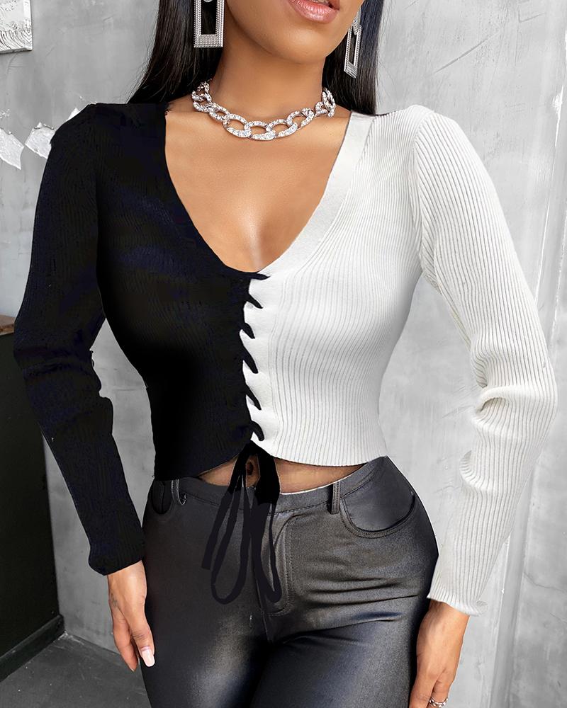 

Colorblock Long Sleeve Lace-up Knit Top, Black&white