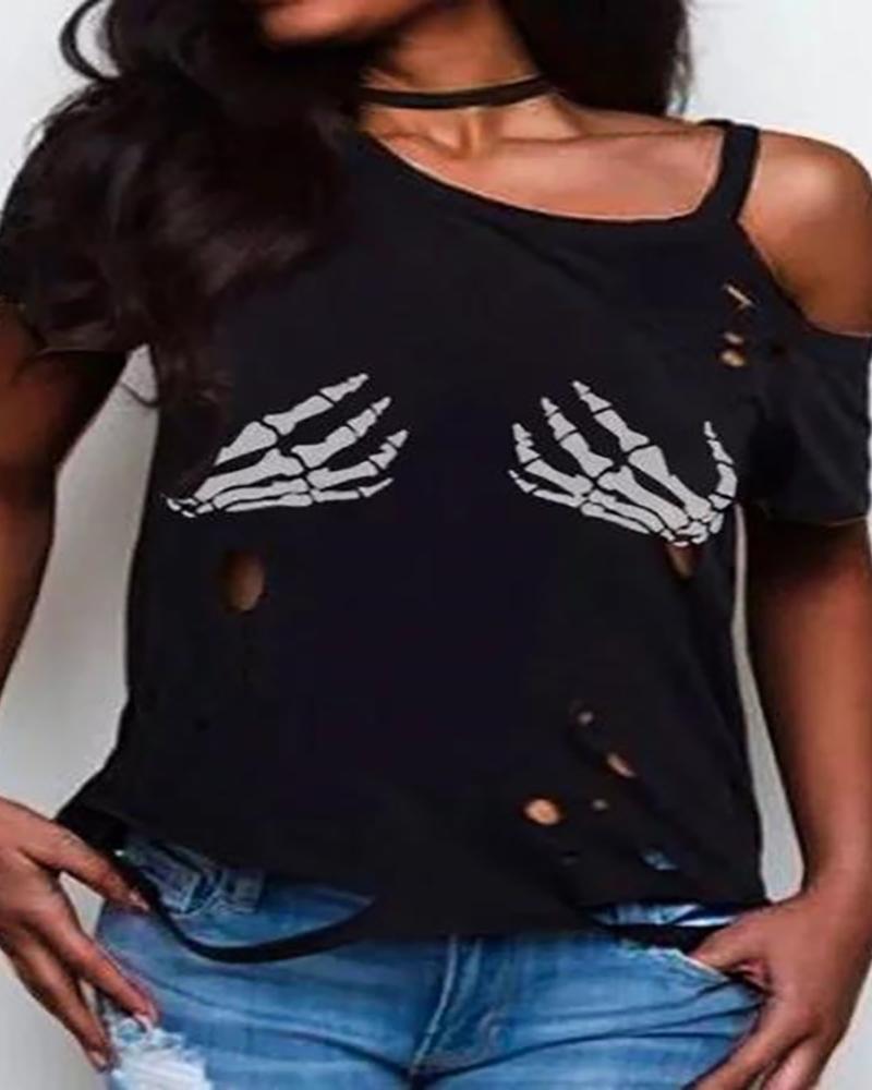 

Skeleton Print Cold Shoulder Hollow Out T-shirt, Black