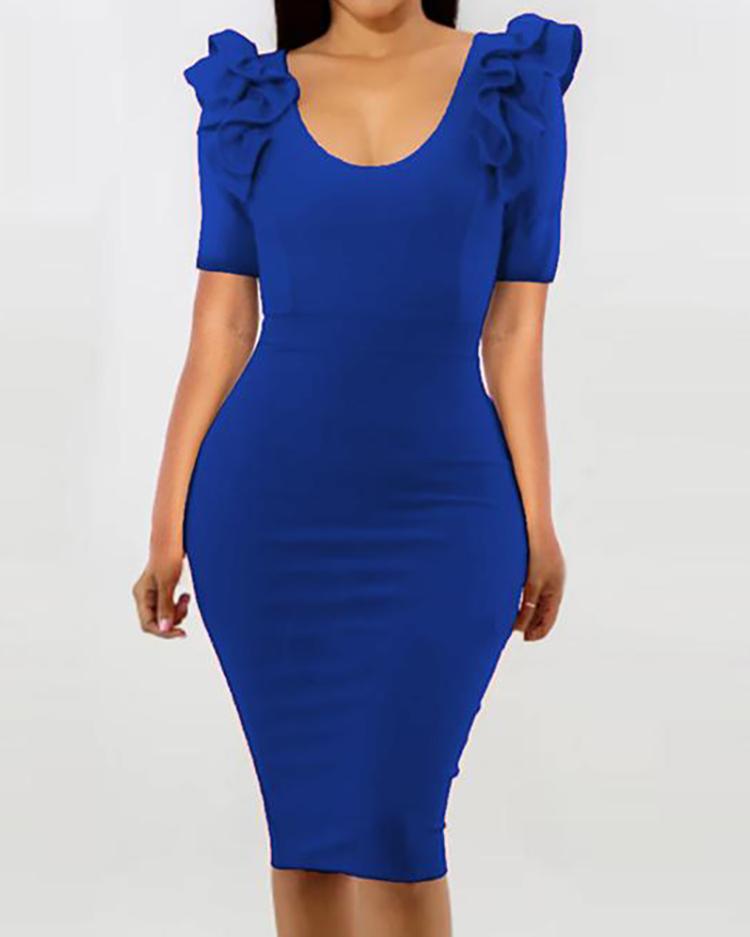 

Ruffle Shoulder Zip Up Back Midi Dress, Dark blue