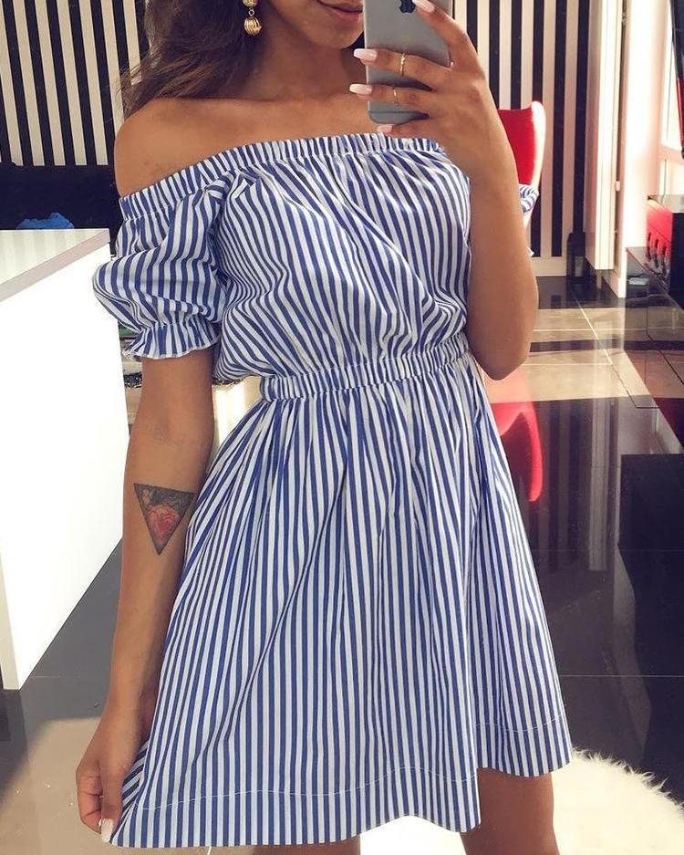 

Pinstriped Bardot Puff Sleeve Mini Dress, Blue