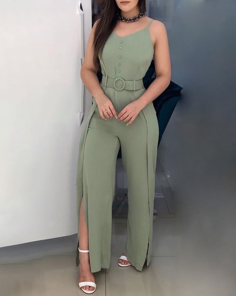 

Spaghetti Strap Slit Leg Buttoned Jumpsuit, Green