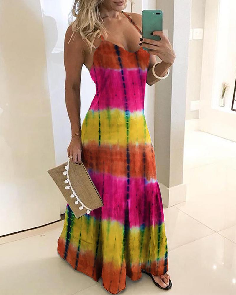 

Halter Sleeveless Tie Dye Print Maxi Dress, Hot pink