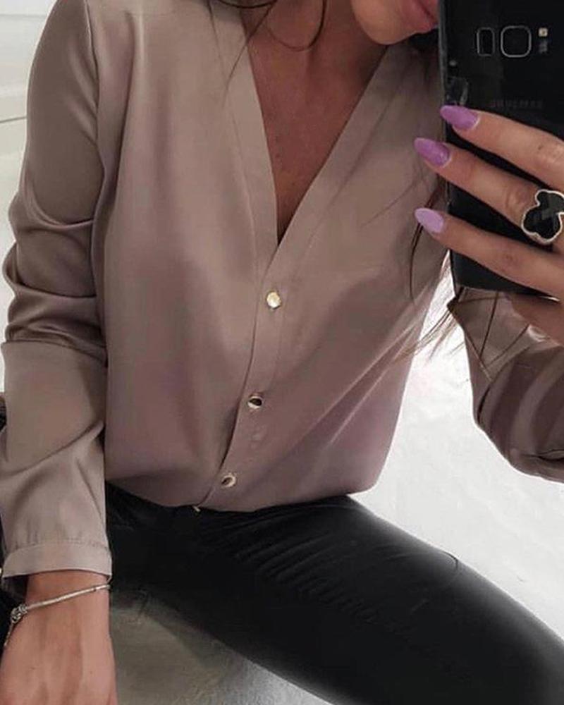 

V Neck Chiffon Button Up Blouse, Khaki