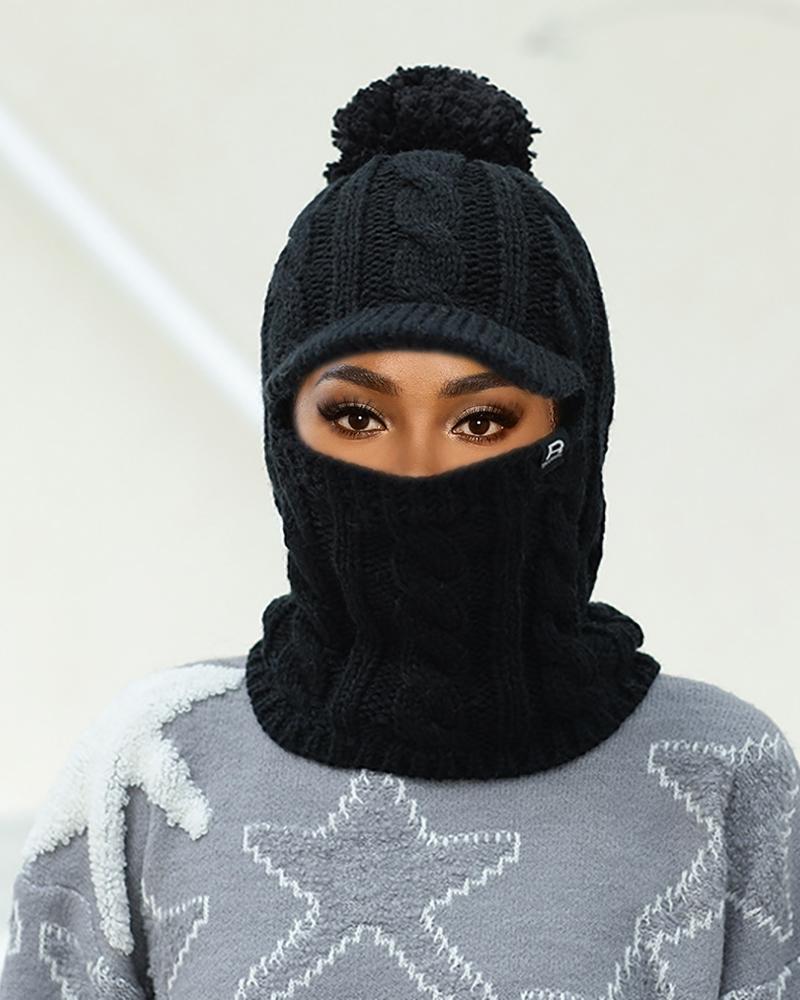 

Warm Neck Pom Pom Knit Hat Mask Beanie, Black