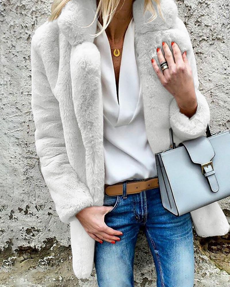 

Solid Open Front Long Sleeve Fluffy Coat, White