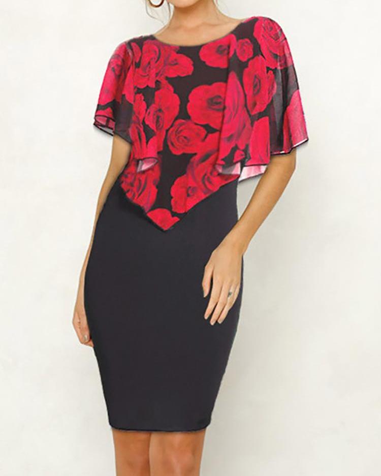 

Floral Print Short Sleeve Bodycon Dress, Red