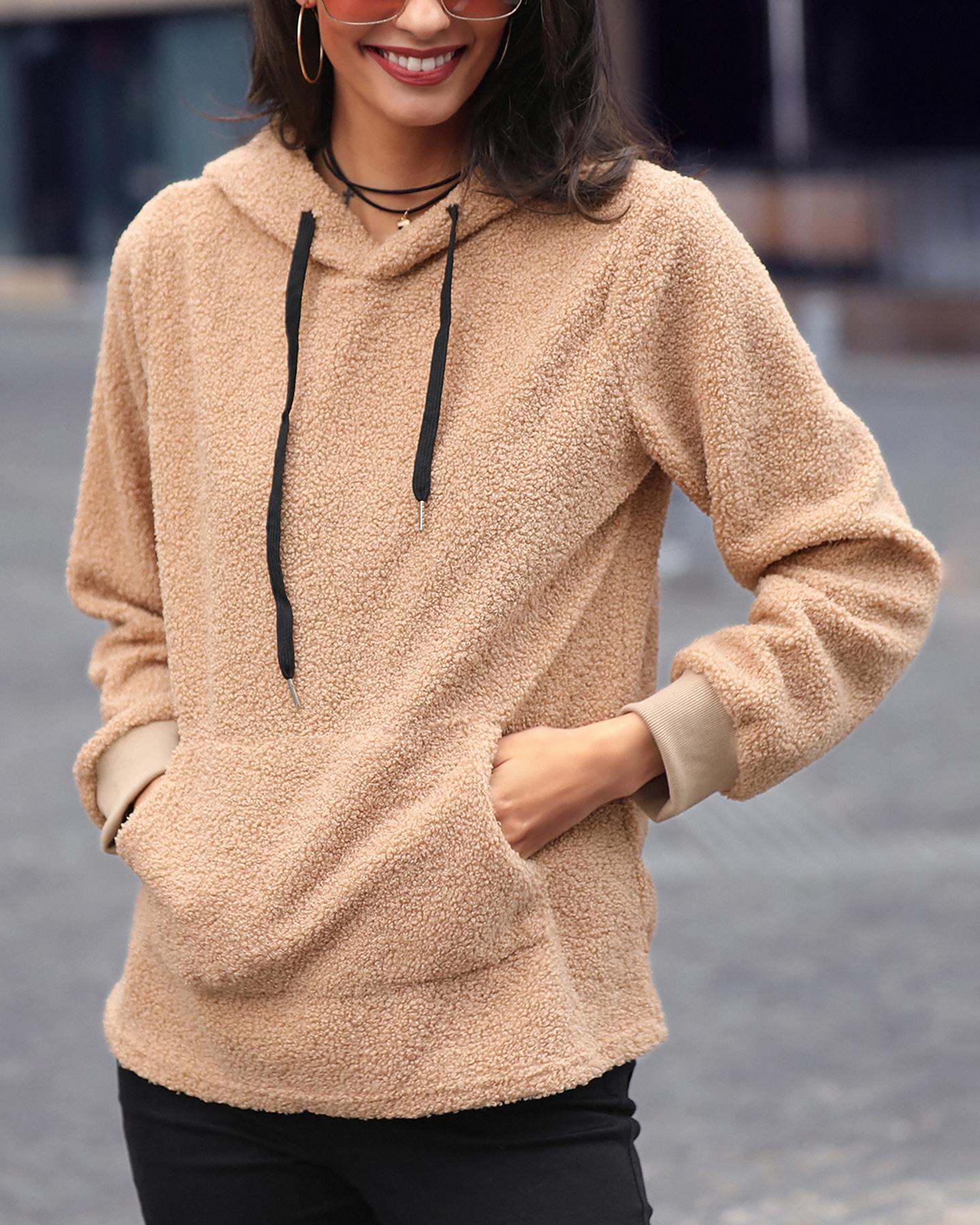 

Plain Faux Shearling Casual Hoodie, Khaki