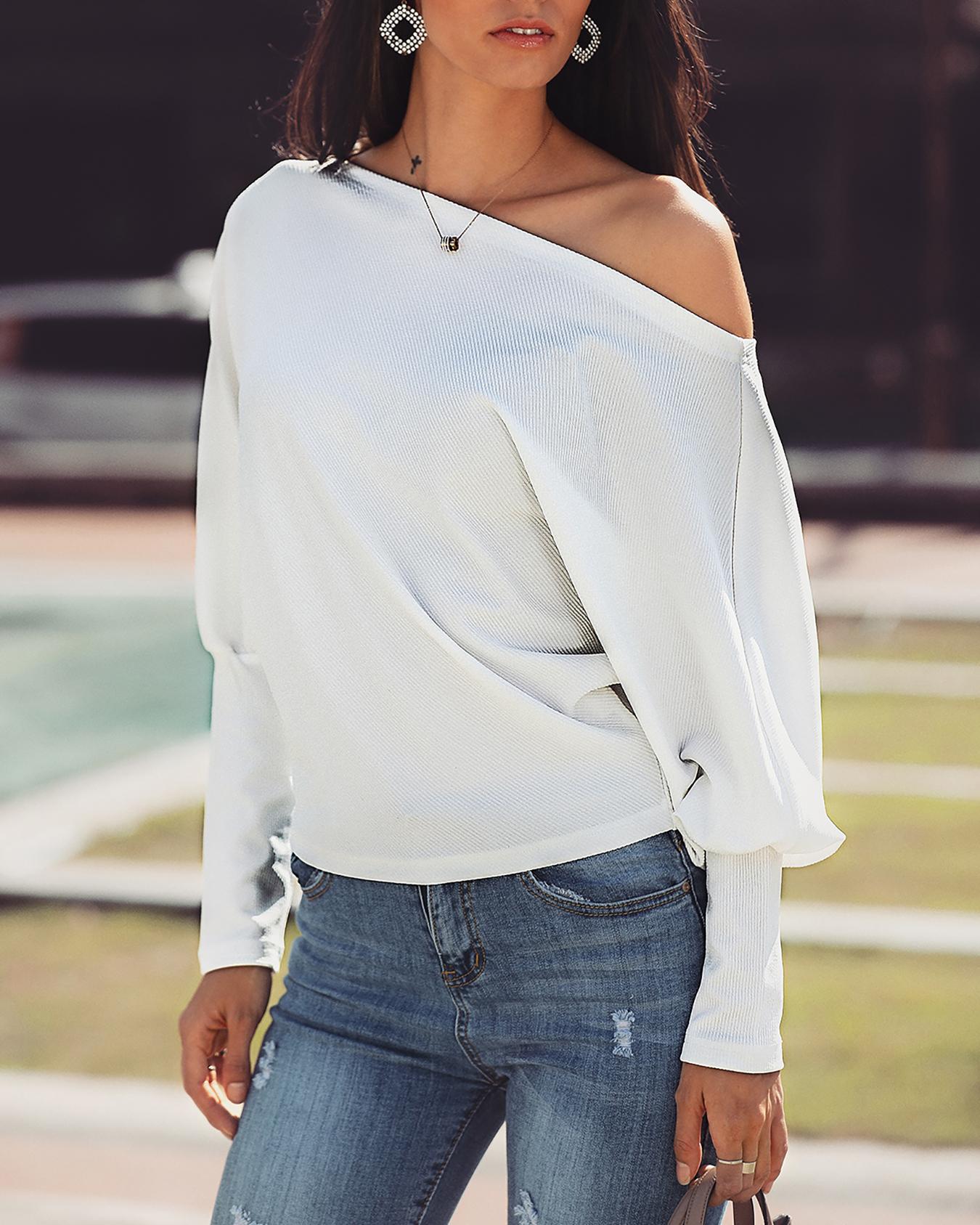 

Skew Neck Batwing Sleeve Casual Top, White