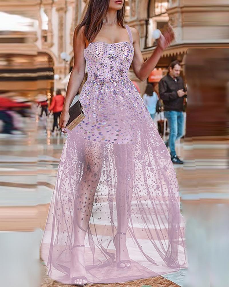 

Glitter Spaghetti Strap Sheer Mesh Insert Sequins Dress, Pink