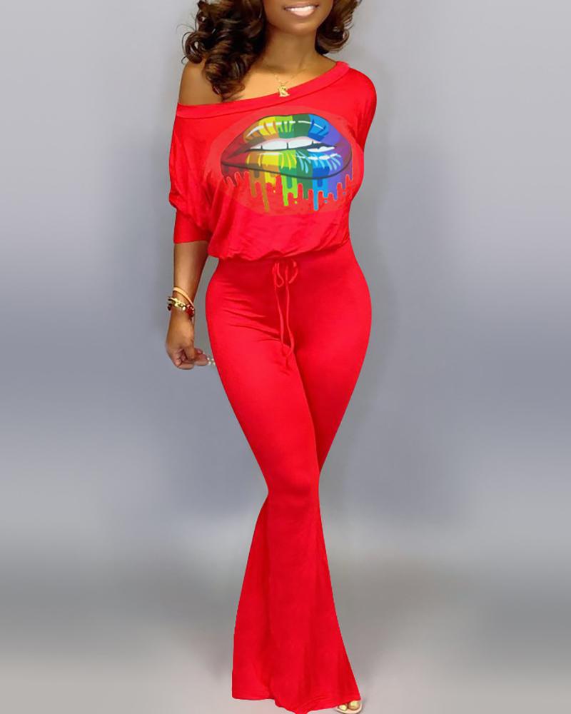 

Skew Neck Mouth Print Drawstring Bell-bottom Jumpsuit, Red