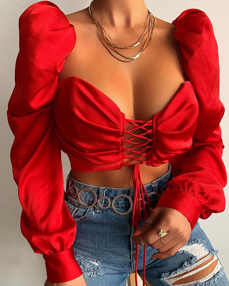 

Puff Sleeve Lace-up Crop Top, Red