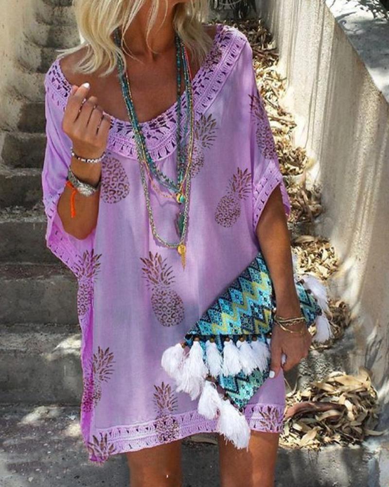 

Pineapple Print Loose Midi Dress, Purple