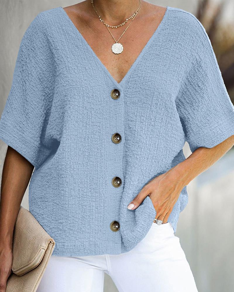 

Solid V-neck Bottoned Design Blouse, Blue