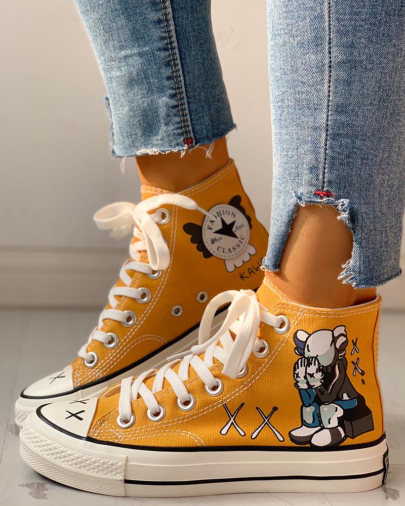 

Cartoon Print Lace-Up Casual Sneakers, Yellow