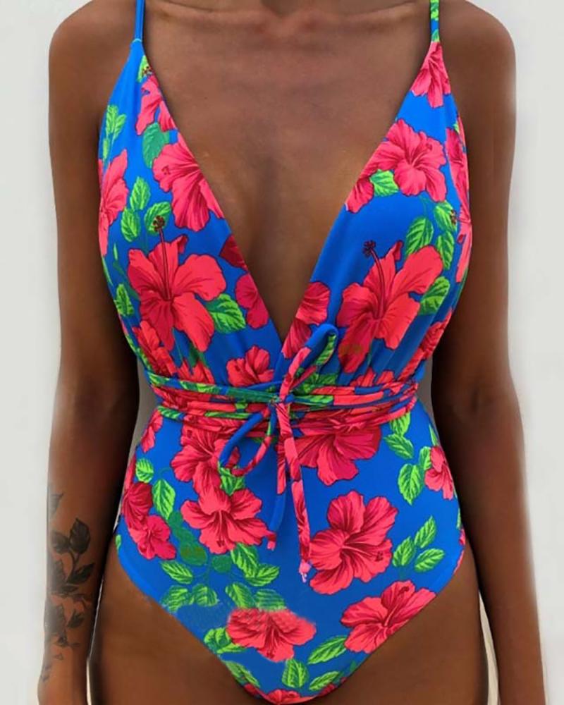 

Print Spaghetti Strap One Piece Swimsuit, Hot pink