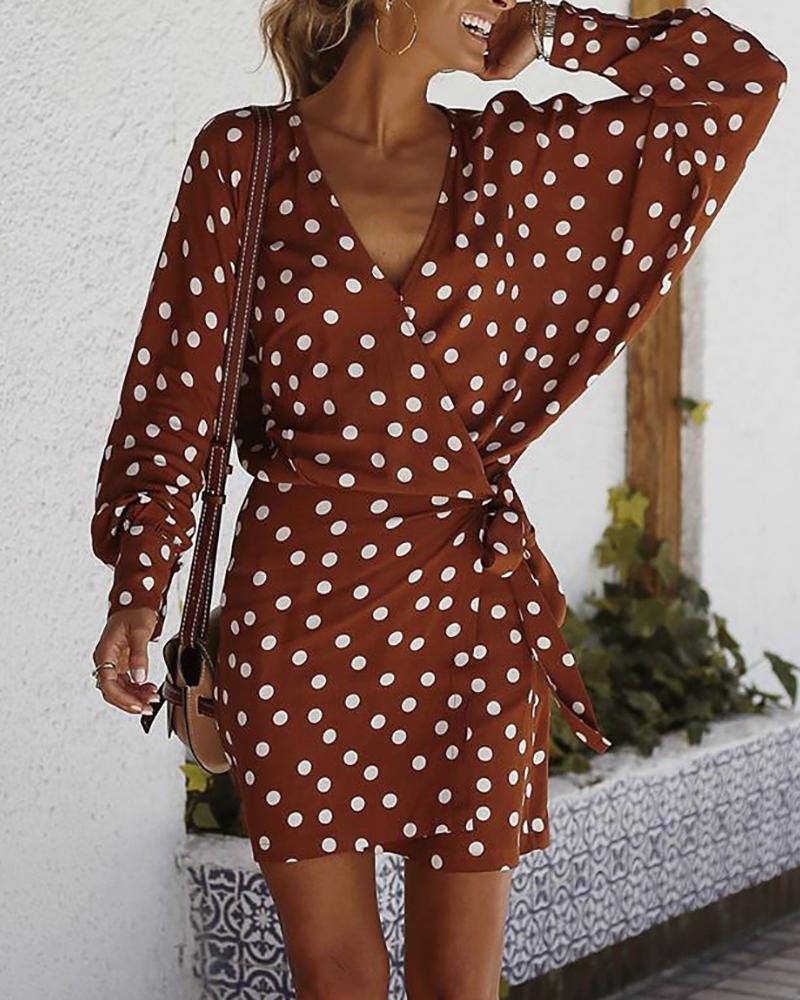 

Dot Print V-Neck Wrap Knotted Dress