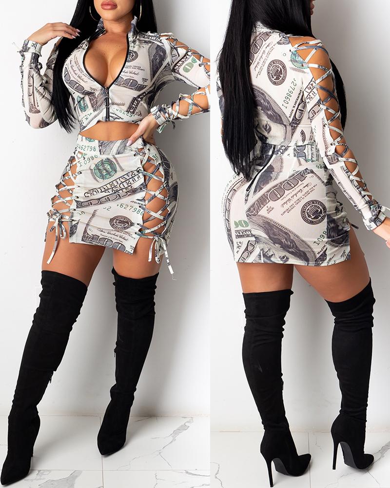 

Dollar Print Lace-up Zip Top & Skirt Set, Gray