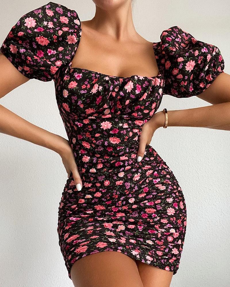 

Floral Print Puff Sleeve Mini Dress, Black