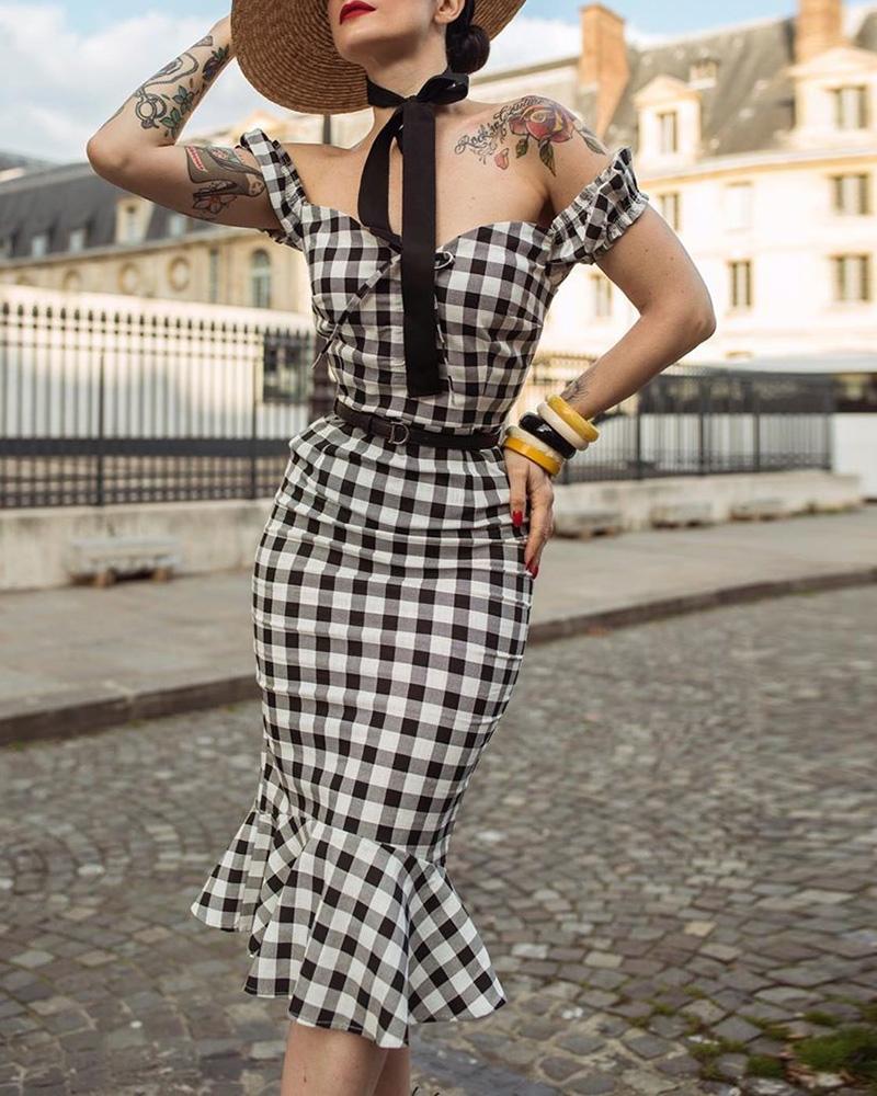 

Off Shoulder Grid Fishtail Hem Bodycon Dress