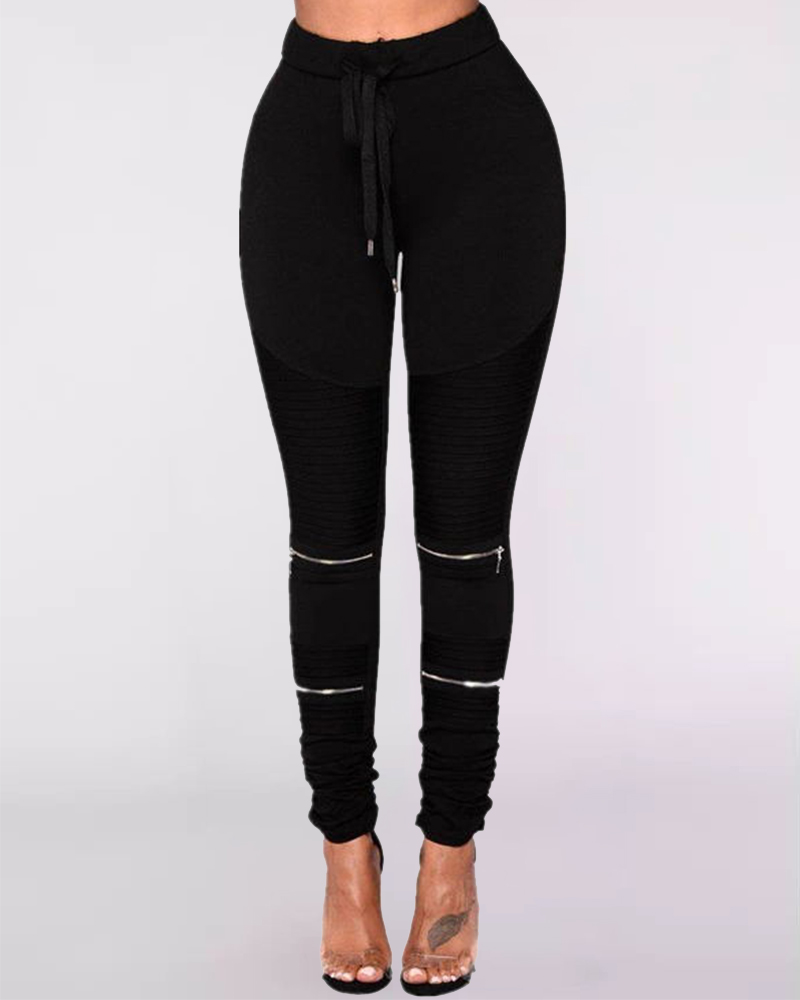 

Plus Size Drawstring Zipper Design Skinny Fold Pants, Black