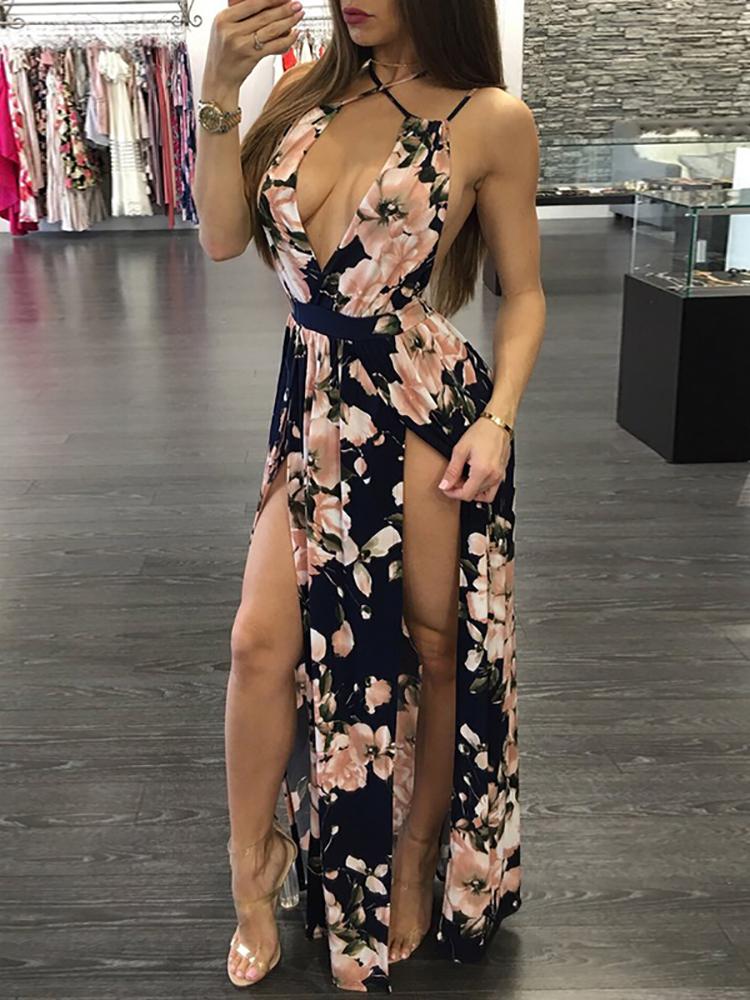 

Deep V Floral Crisscross Back High Slit Maxi Dress