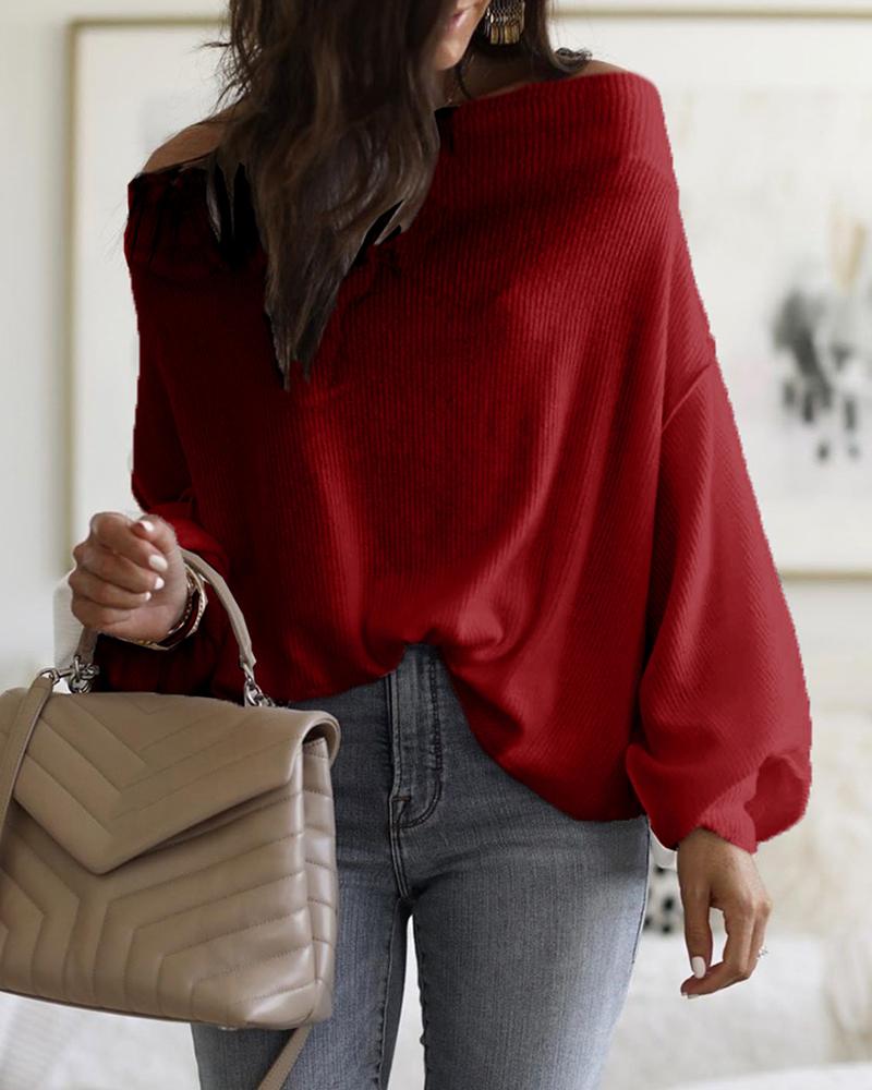 

Off Shoulder Lantern Sleeve Ribbed Blouse, Red