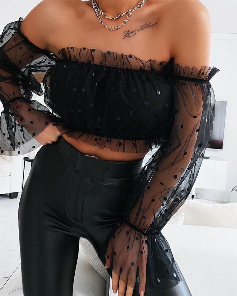 

Polka Dot Mesh Crop Top, Black