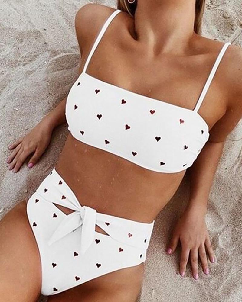 

Heart Print Spaghetti Strap Bikini Sets, White