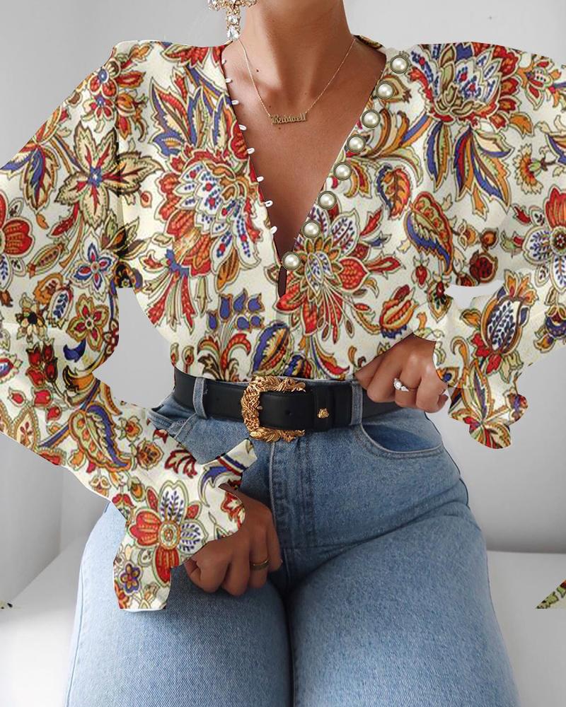 

Floral Print V-neck Button Design Blouse, Multicolor