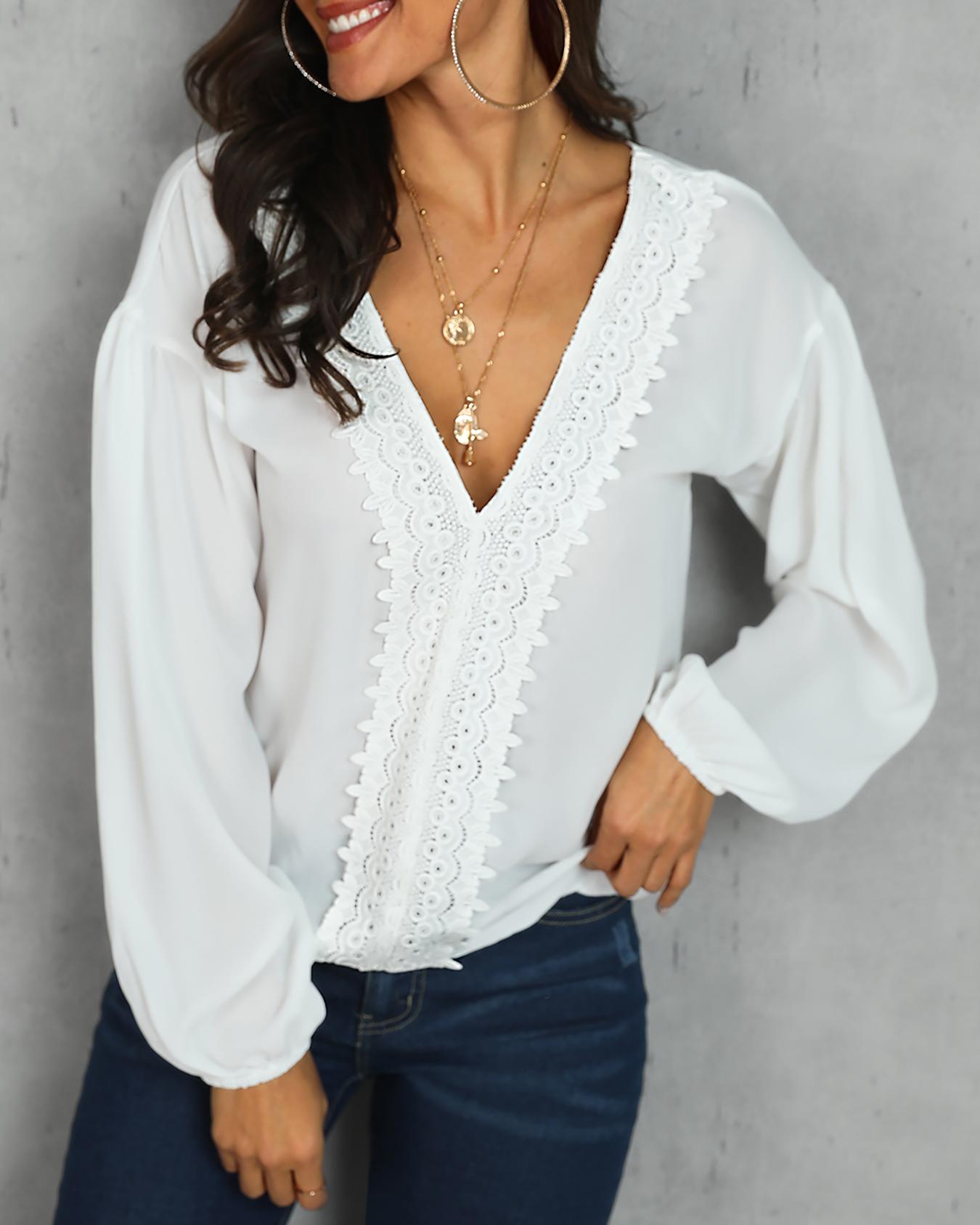 

Lace Trim Lantern Sleeve Chiffon Blouse, White