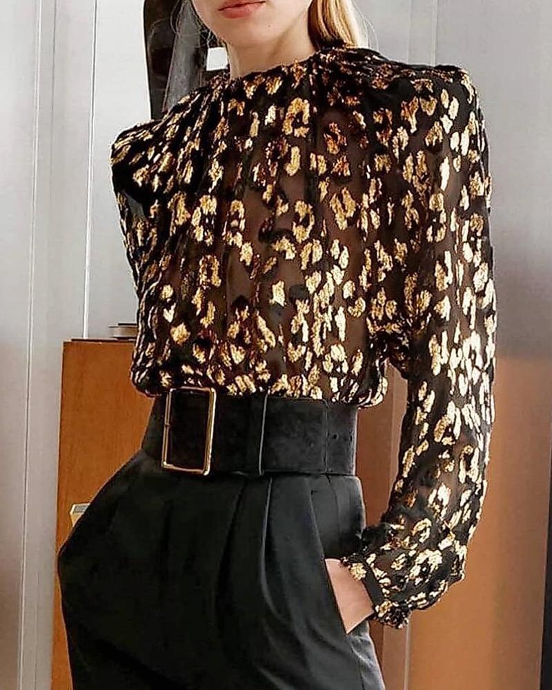 

Sequins Long Sleeve Mesh Blouse, Black