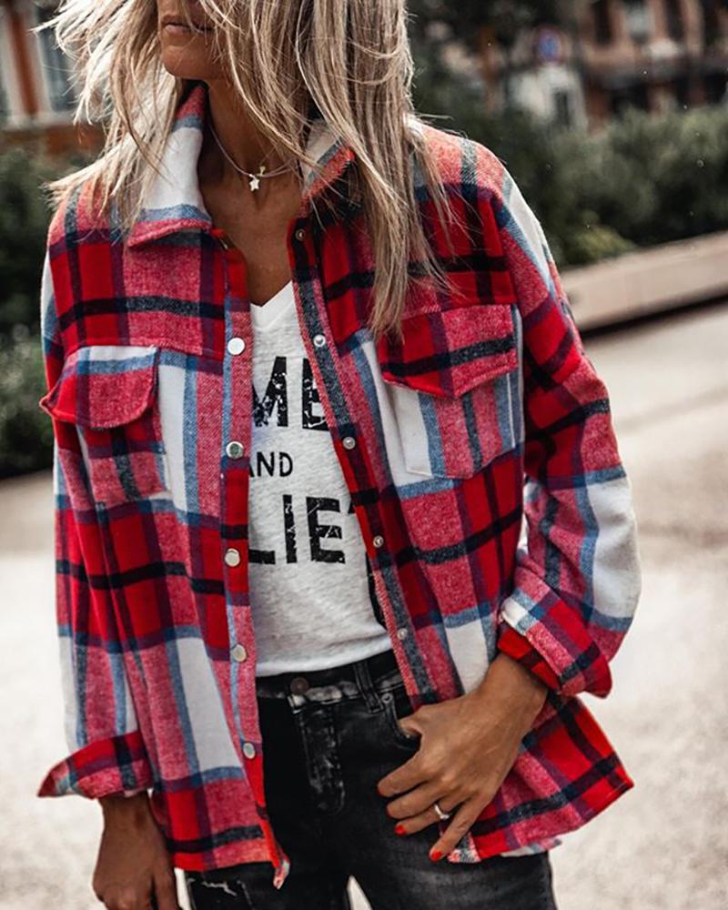 

Plaid Pocket Design Long Sleeve Shirt, Red