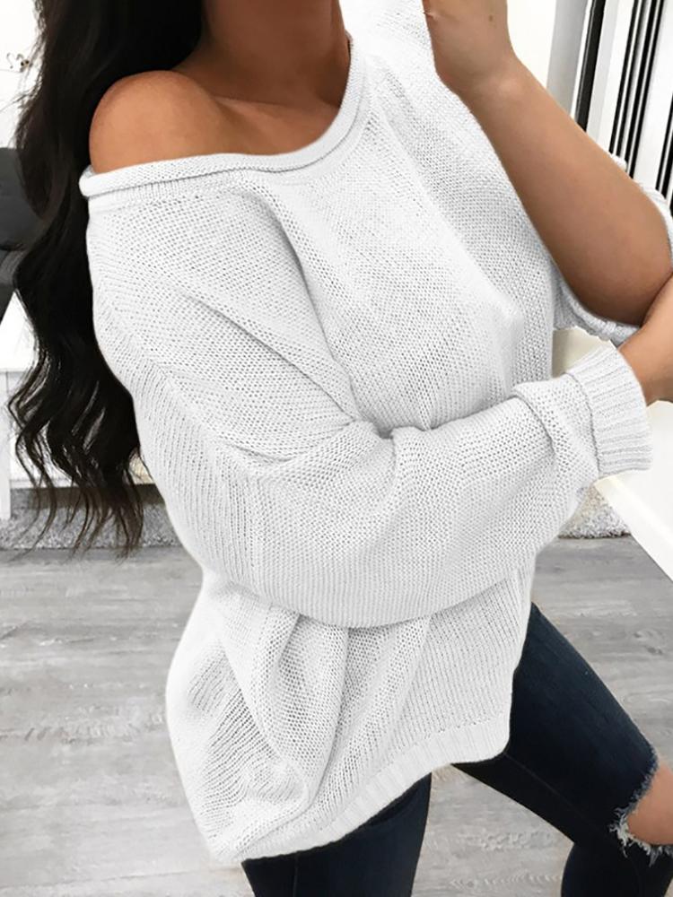 

Solid Long Sleeve Plus Size Casual Sweater, White