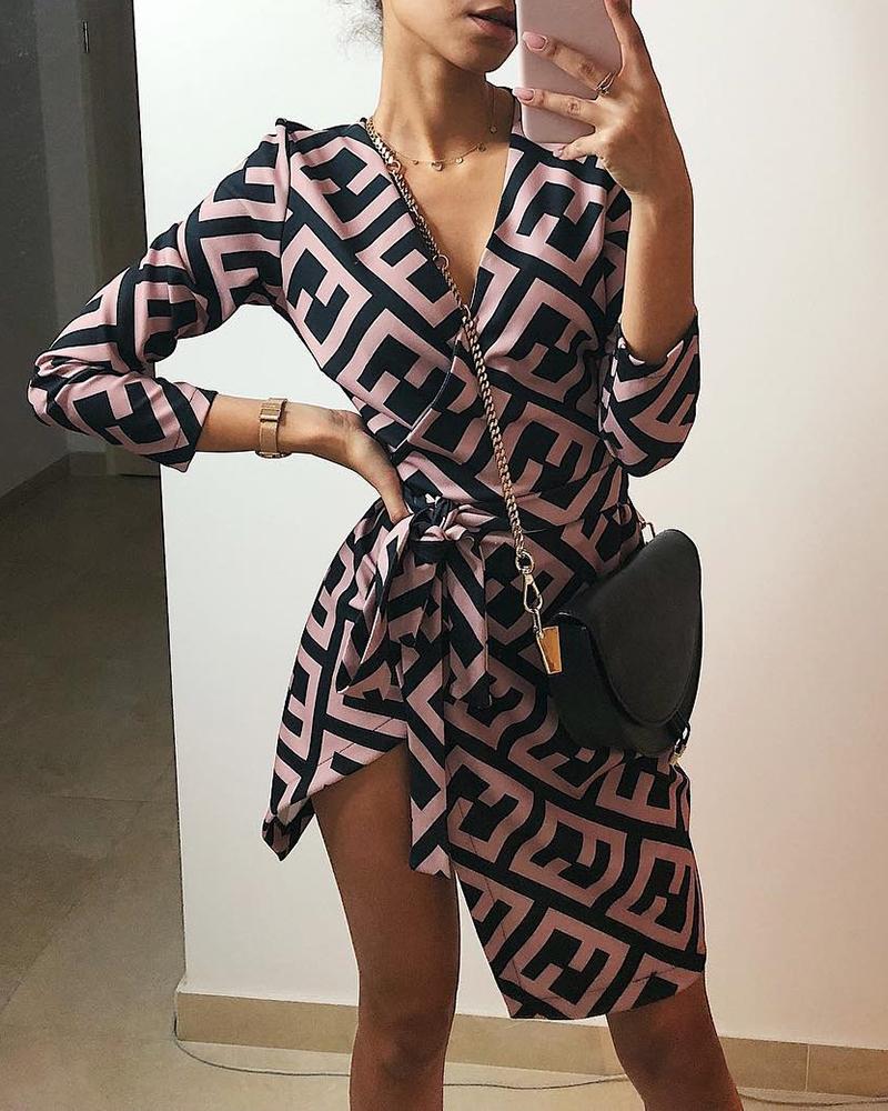 

V Neck Print Tight Waist Irregular Hem Dress, Khaki