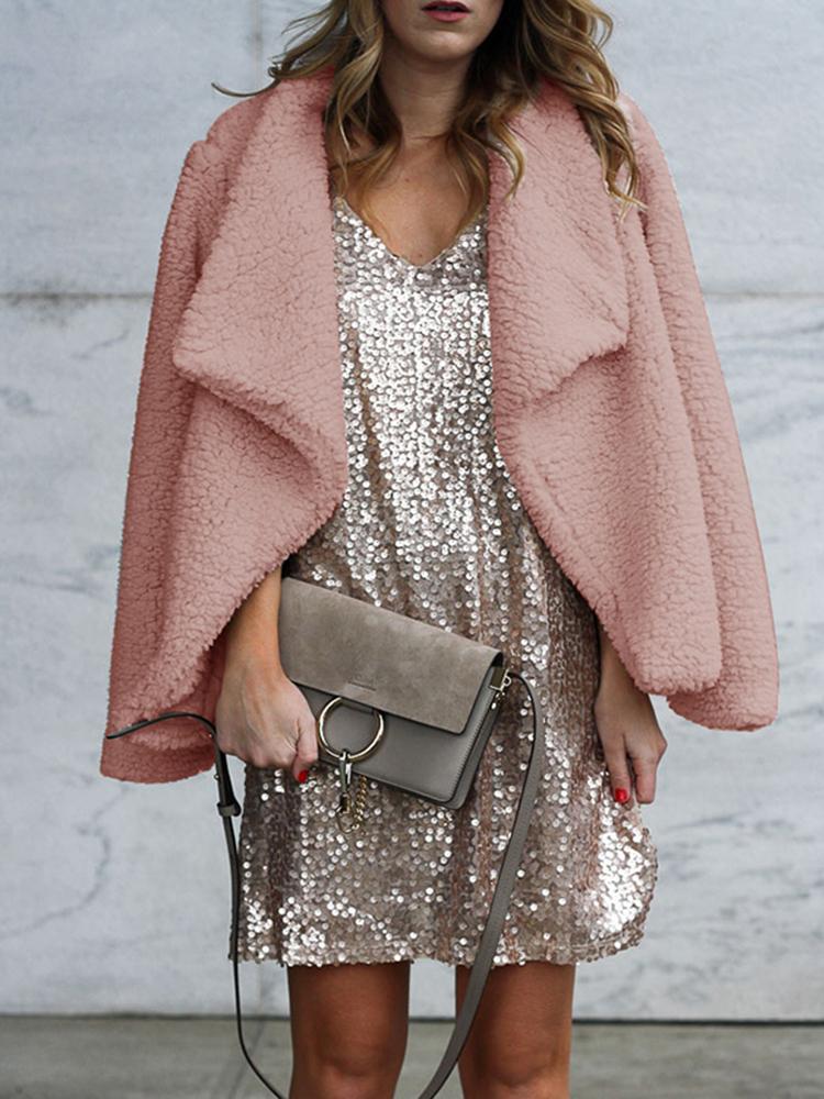 

Solid Fluffy Drape Collar Casual Coat, Pink