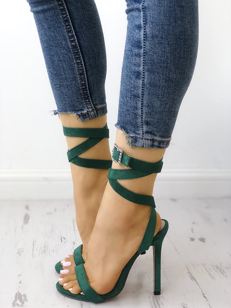 

Buckle Design Crisscross Open Toe Heel Sandals, Green