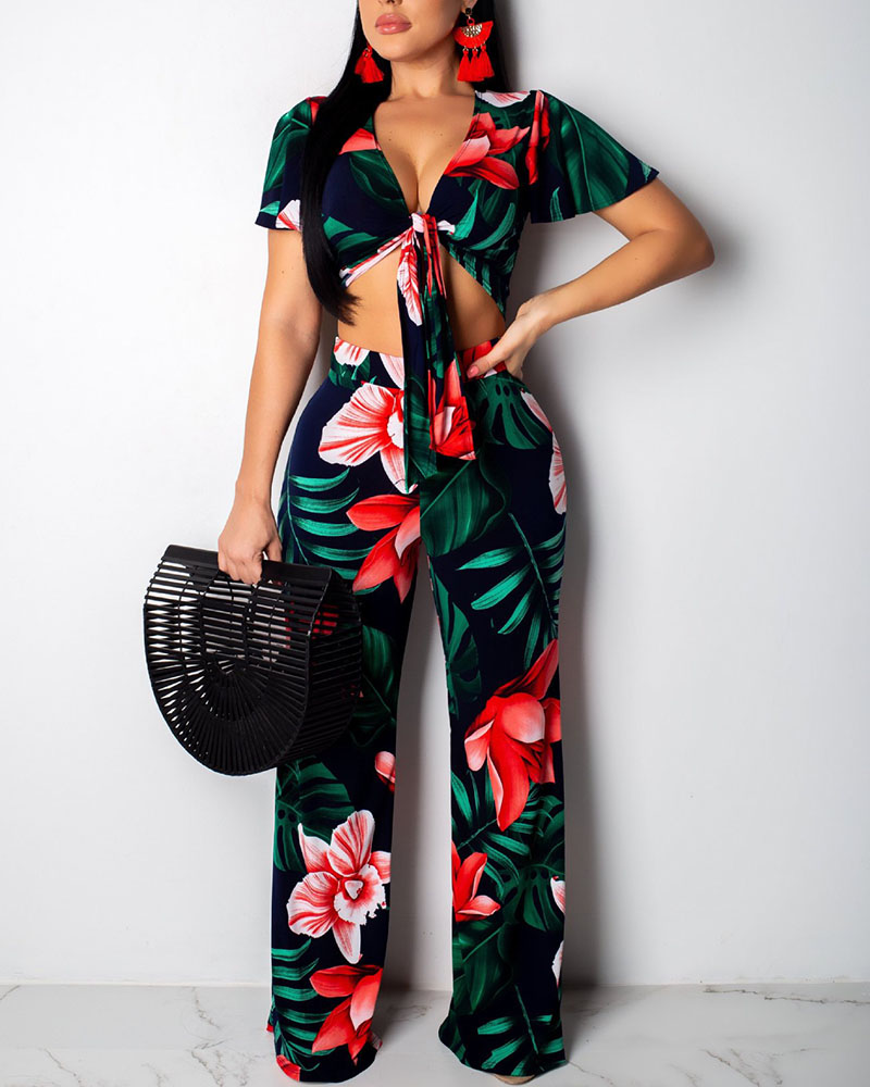 

Floral Print Crop Top With Pants Set, Red