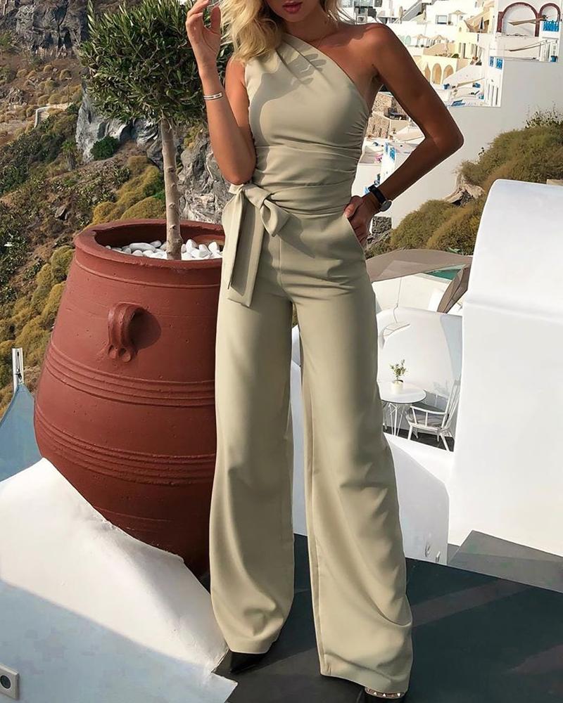 

Solid One Shoulder Tie Waist Jumpsuit, Apricot