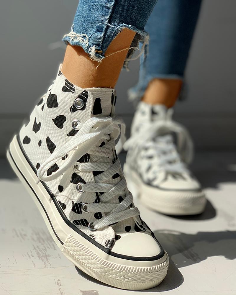 

Abstract Print Lace-Up Sneakers, White