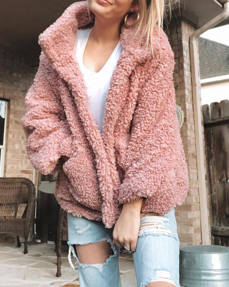 

Button Pocket Design Long Sleeve Teddy Coat, Pink