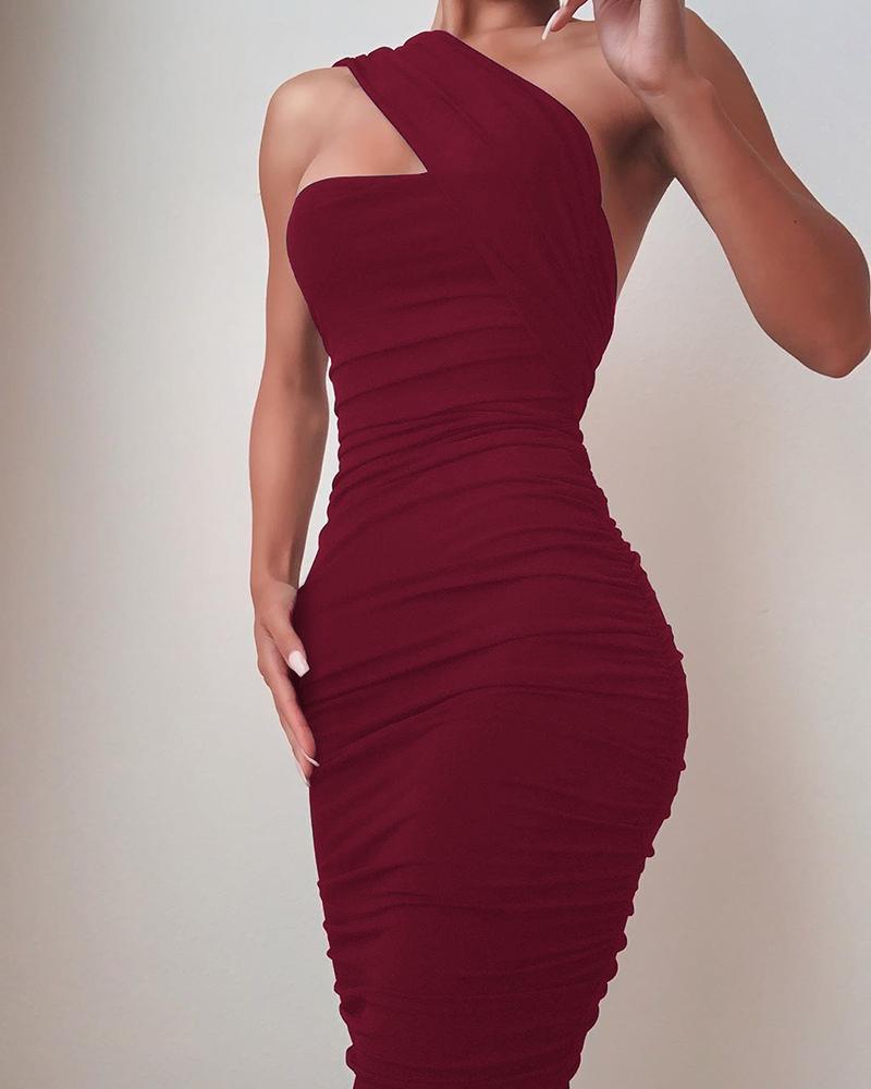 

One Shoulder Sleeveless Ruched Bodycon Dress, Wine red