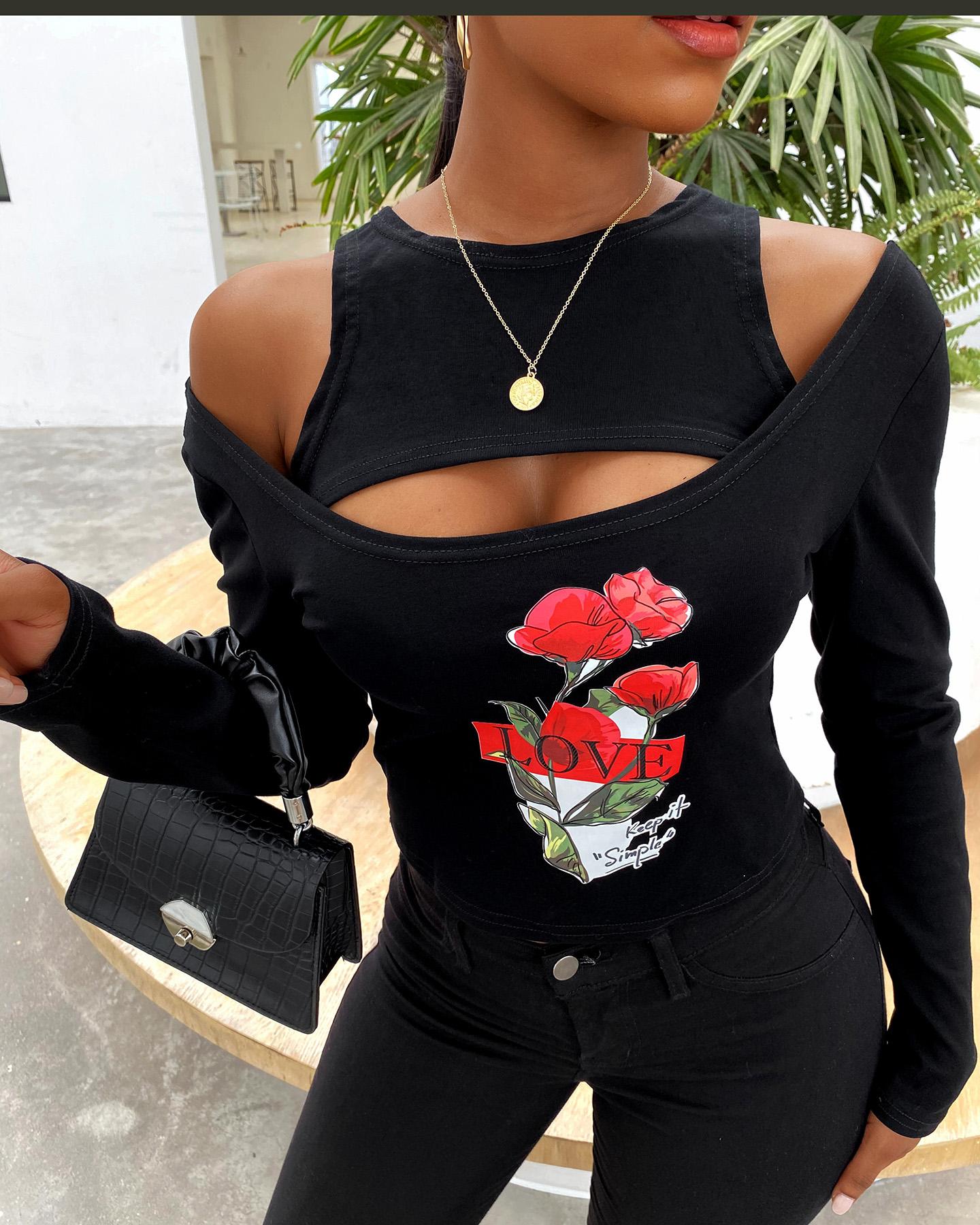 

Floral Print Cutout Cold Shoulder Cop Top, Black