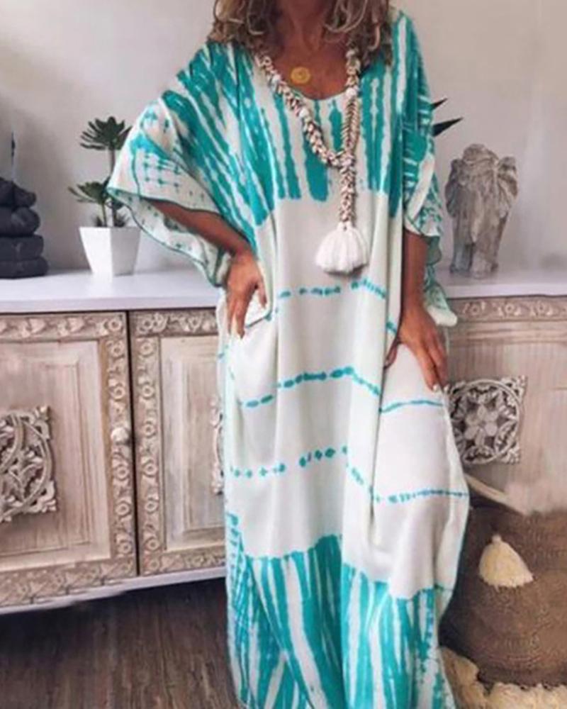 

Half Sleeve Tie Dye Print Casual Maxi Dress, White