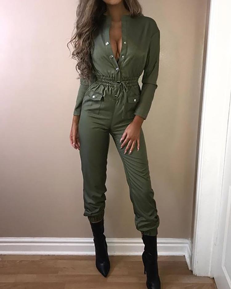 

Button Drawstring Deep V Puff Leg Jumpsuit, Green