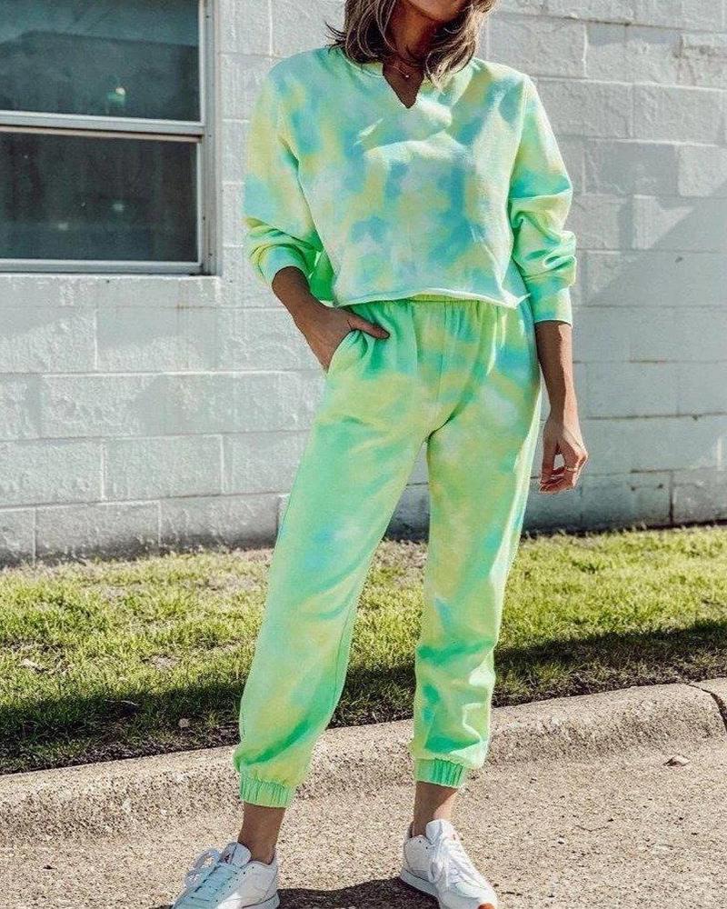 

V Neck T-shirt Pants Two-piece Sets, Green