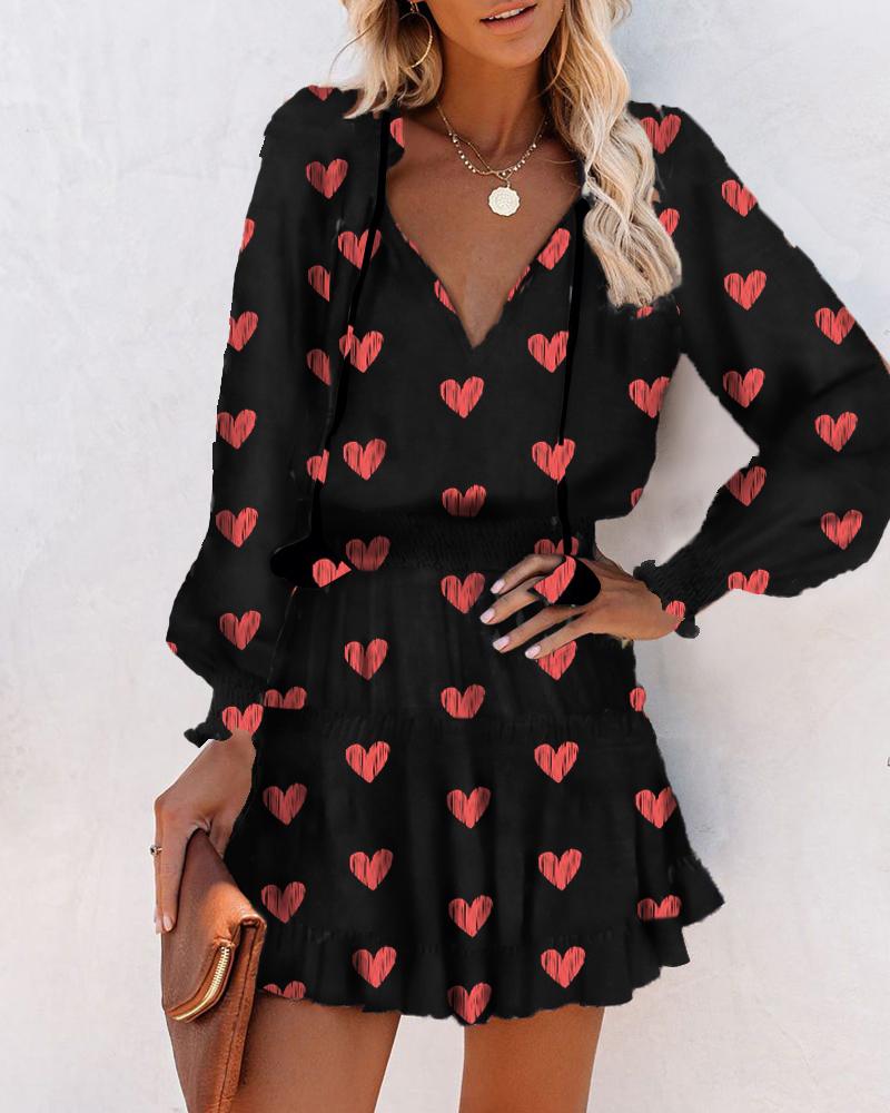 

Heart Print Long Latern Sleeve Mini Dress, Black