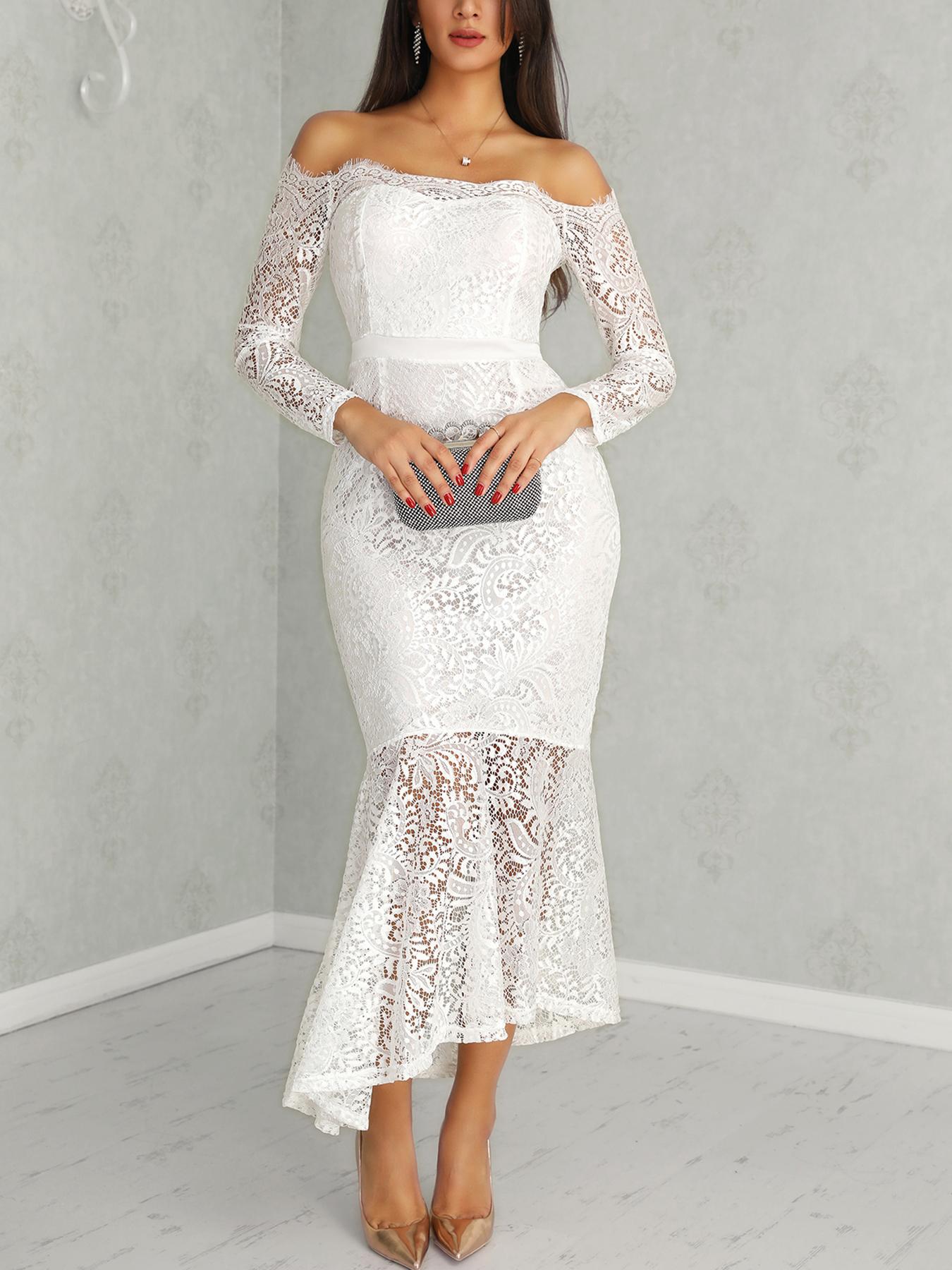 

Off Shoulder Eyelash Lace Dress, White